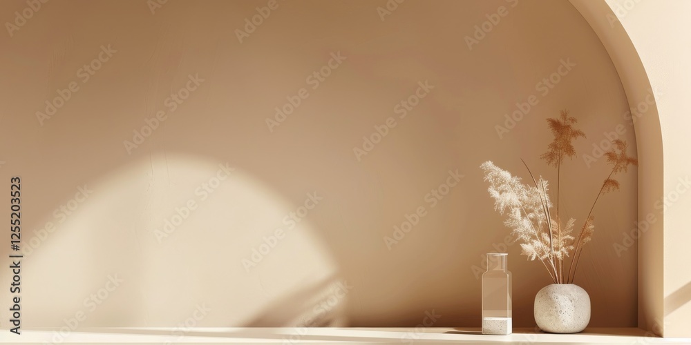 Poster a minimalist aesthetic featuring a soft tan backdrop, minimalist design elements arranged symmetrica