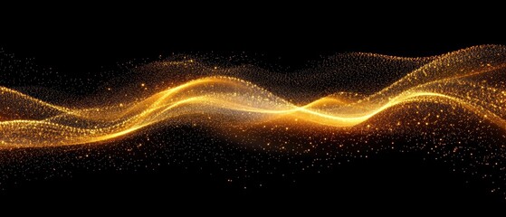 Abstract golden wave pattern with sparkling particles on a black background, ideal for design and artistic projects