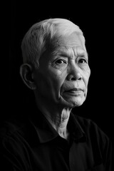 Black and white portrait of a thoughtful Vietnamese elderly man