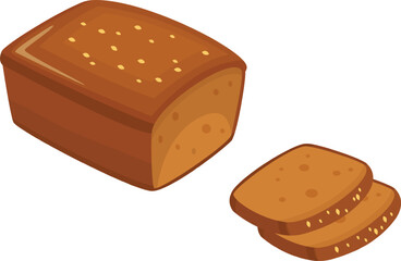 Whole grain bread loaf with sesame seeds and two slices lying nearby, fresh bakery product, vector illustration for recipe book or food blog