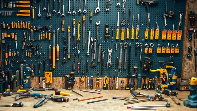Garage Tools in Workshop: A comprehensive collection of tools organized neatly on a pegboard in a cluttered workshop, showcasing the variety of equipment used for repair, construction.