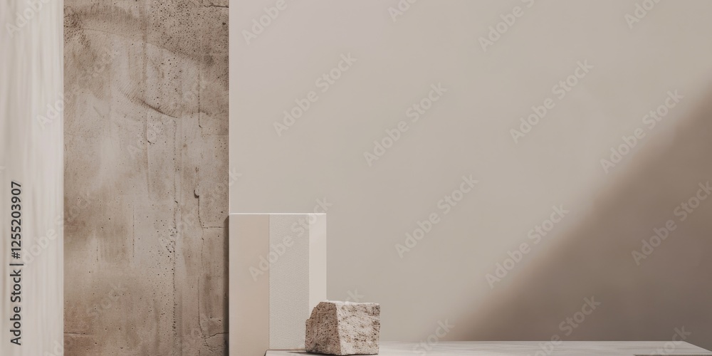 Poster a minimalist aesthetic featuring a soft taupe grey backdrop, minimalist design elements arranged asy