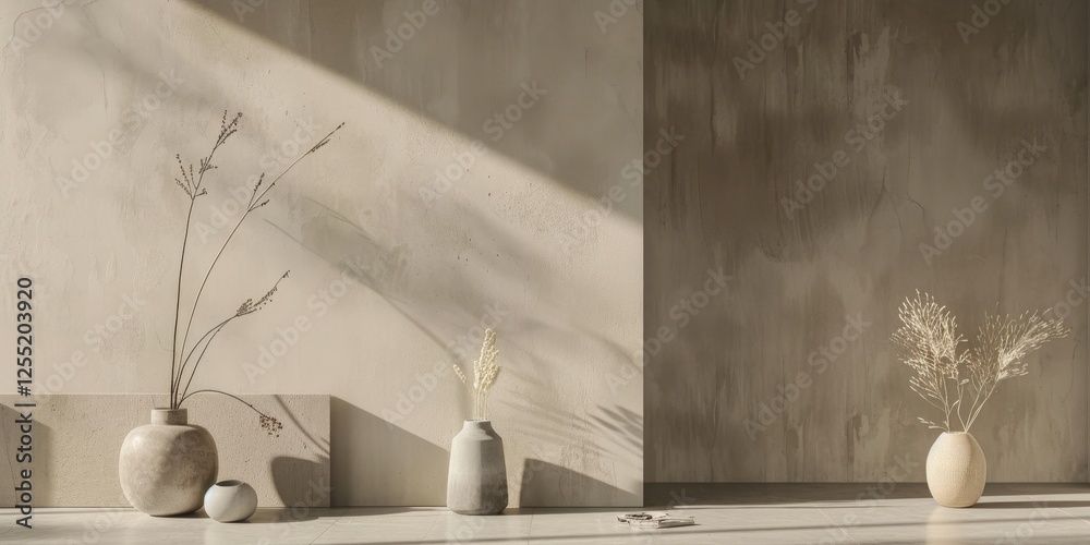 Poster a minimalist aesthetic featuring a soft taupe grey backdrop, minimalist design elements arranged asy