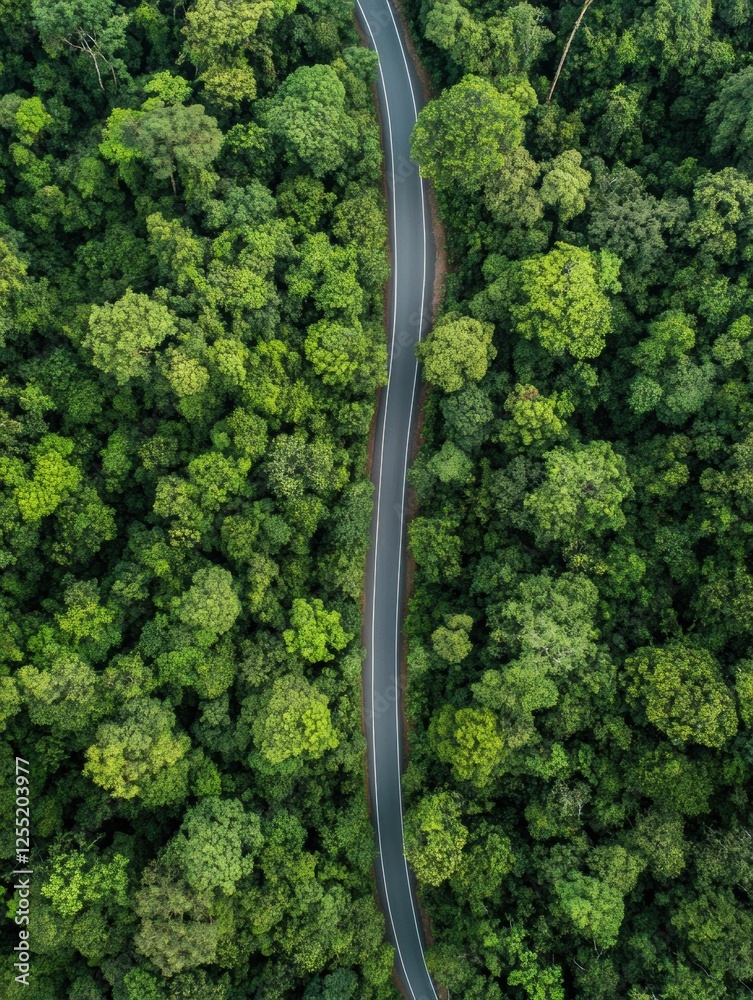 Poster straight road winding through a lush green forest with dense trees on either side. generative ai