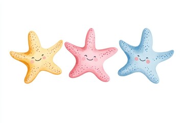 Colorful smiling cartoon starfishes illustration for nursery and children's decor