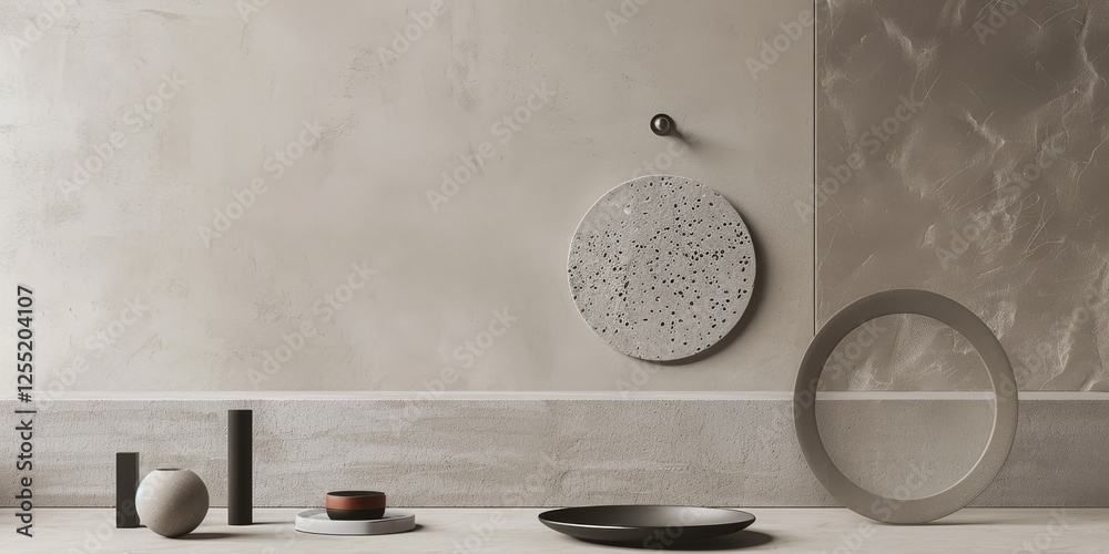 Poster a minimalist aesthetic featuring a soft taupe grey backdrop, minimalist design elements arranged asy