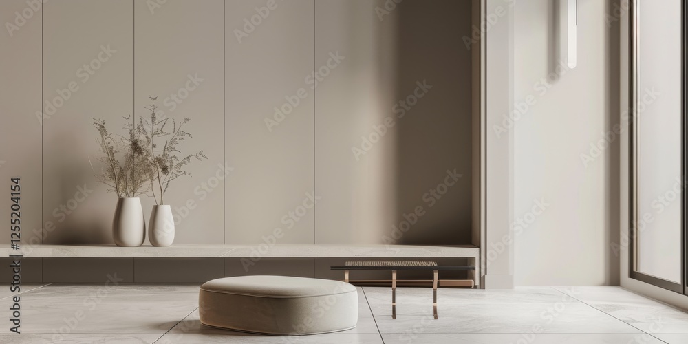 Poster a minimalist aesthetic featuring a soft taupe grey backdrop, minimalist design elements arranged sym