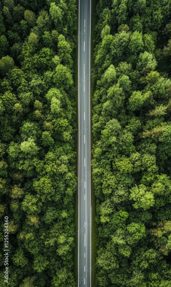 Poster road winding through a lush forest showcases natures beauty and tranquility under soft daylight. gen