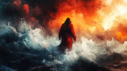 Obraz premium digital painting of jesus calming the storm watercolor illustration