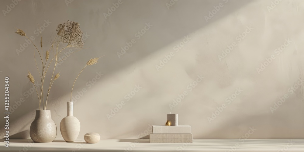 Poster a minimalist aesthetic featuring a soft taupe grey backdrop, symmetrical arrangement of minimalist e