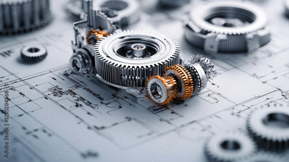 Poster The technical drawing shows an exploded view of a mechanical gear assembly, highlighting every component in precise engineering detail.