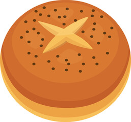 Freshly baked round bread bun is decorated with poppy seeds and a cross shaped cut, creating an appetizing presentation perfect for breakfast or snack