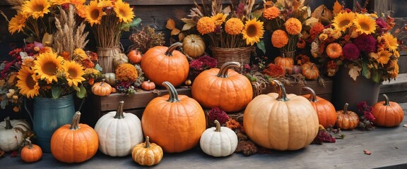 Vibrant Autumn Harvest with Colorful Pumpkins and Fall Flowers