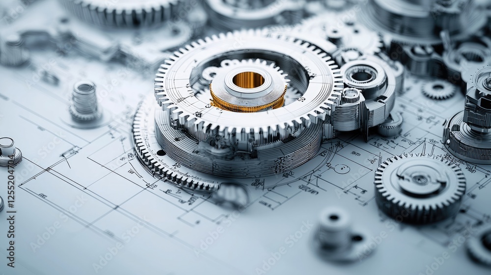 Fototapete The technical drawing shows an exploded view of a mechanical gear assembly, highlighting every component in precise engineering detail.