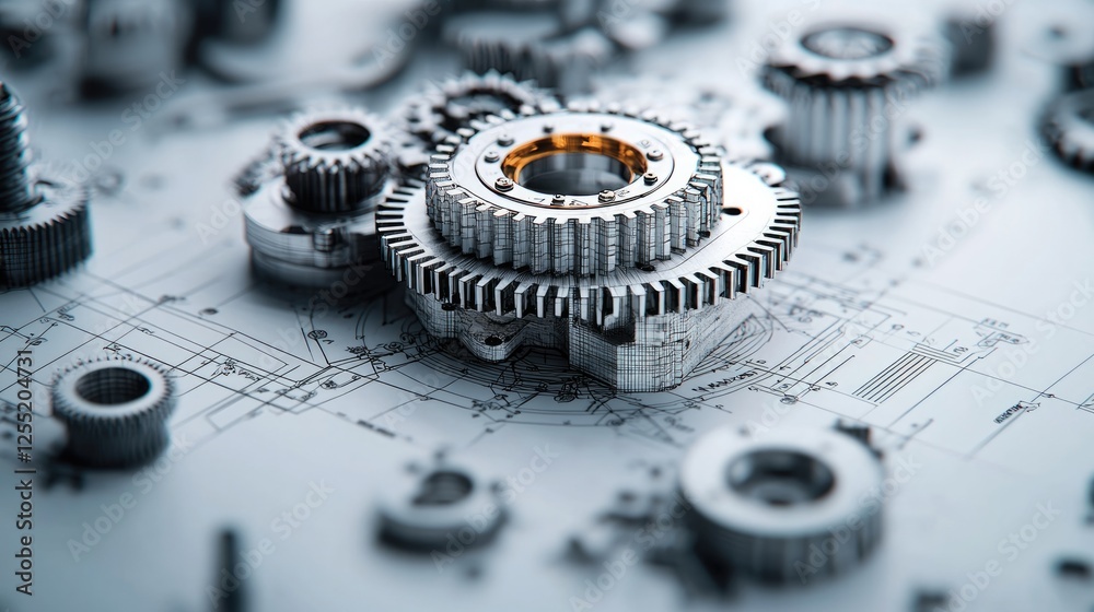 Poster The technical drawing shows an exploded view of a mechanical gear assembly, highlighting every component in precise engineering detail.