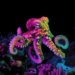 Obraz premium A neon-colored octopus camouflaged against a coral reef at night.