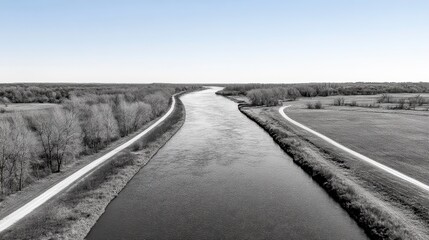 Canal Through Fields Monochrome Pixelated View