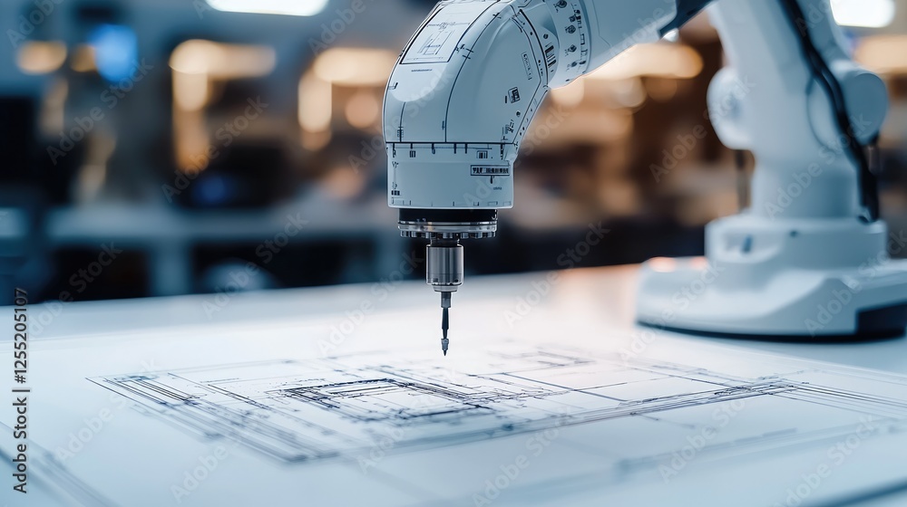 Aufkleber the workspace of a modern engineering firm shows a highly detailed blueprint of an advanced robotic 
