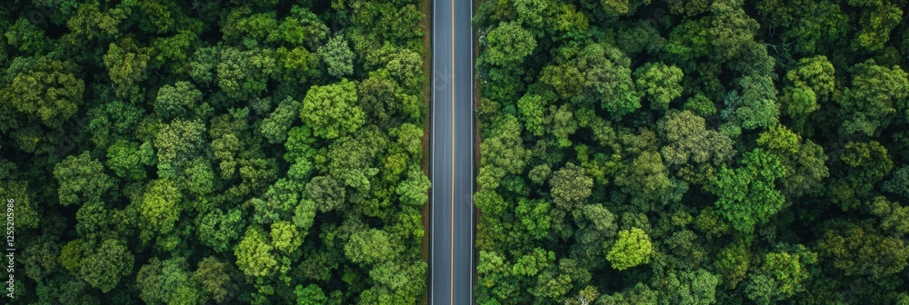 Poster road stretches through lush greenery towards an unknown destination in a tranquil forest setting. ge