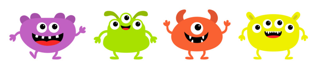 Cute monster set line. Different face. Happy Halloween. Colorful silhouette monsters. Kawaii cartoon funny boo character. Eyes, teeth, horns hands. Childish style. Flat design. White background Vector