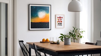 Interior dining room with artwork and fruits on table. Possible use showcasing modern interior design