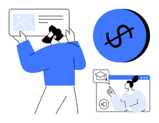 Person holding a document, dollar sign icon, and video call screen with teacher. Ideal for e-learning, financial literacy, virtual classrooms, online courses, web tutorials, digital instruction