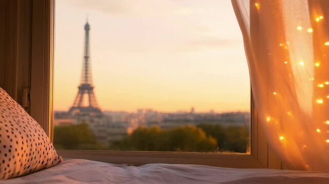 Romantic window view of Eiffel tower at sunset with fairy lights and pillows. Cozy evening in Paris. Valentine's Day, wedding anniversary, honeymoon travel