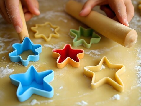 Making star-shaped cookies with colorful cookie cutters and rolling pin - Powered by Adobe
