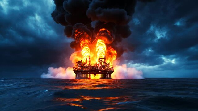 Offshore oil rig burning in the ocean at night