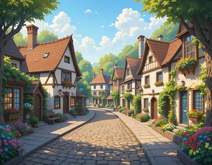 Charming Cobblestone Village Street: A Sunny, Whimsical Illustration