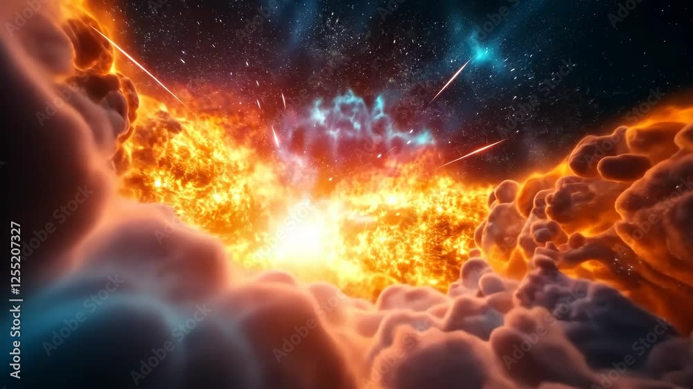 Wall mural fiery explosion expanding in the clouds in outer space