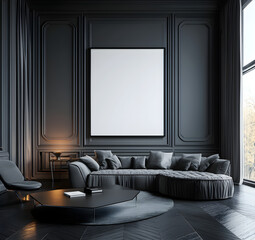 A mockup of a large, blank poster frame in an elegant, modern living room. The walls are dark gray, with curtains and a sofa. Natural light streams in from the window. 