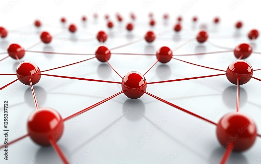 Poster Abstract network of red spheres connected by lines,  3D render for a background use