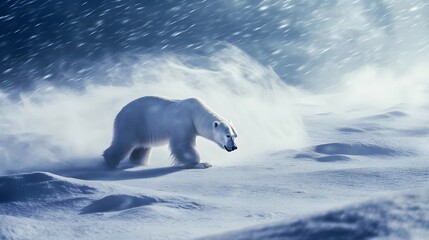 A polar bear trekking through deep snow, a howling wind whipping around it.