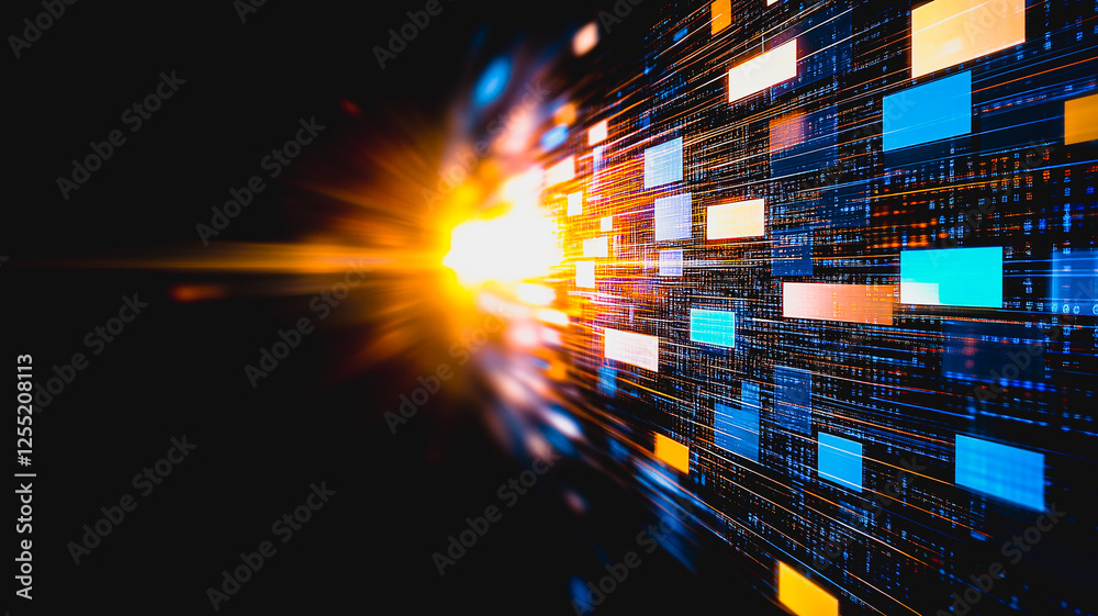 Poster data flow: a futuristic, abstract visualization of data flowing through a digital network, with glow