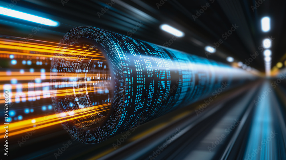 Poster data stream in motion: a futuristic digital tunnel pulsates with vibrant orange and blue light strea