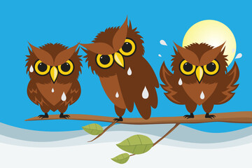 A flock of owls perched on a tree branch against a blue sky background