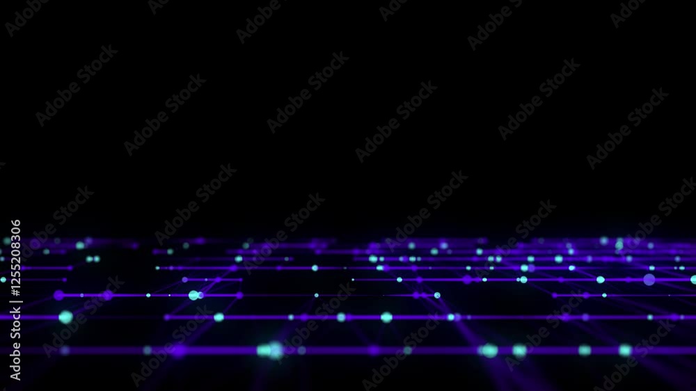 Poster Abstract grid with blue light on black background. Science background with moving dots and lines. Network connection technology. Digital structure with particles. 3d rendering.