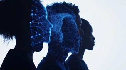 AI technology, digital profile analysis and diverse individuals showcasing data visualization with neural networks, innovation in artificial intelligence design.