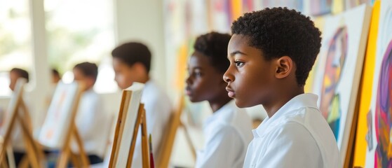Art class featuring young boys engaged in painting lessons, showcasing creativity and focus in a vibrant classroom environment. Development of artistic skills and expression.