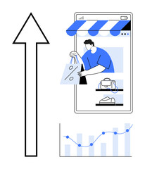 Mobile device with storefront awning, a man holding a discount shopping bag, upward arrow, and bar graph. Ideal for e-commerce, online shopping, sales growth, digital trends, market analysis