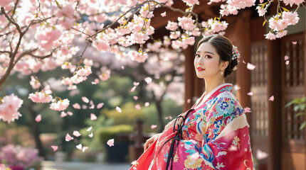 A woman in a hanbok stands under cherry blossoms in a tranquil garden as petals fall gently around her.Una mujer con hanbok está bajo los cerezos en flor en un jardín tranquilo mientras los pétalos