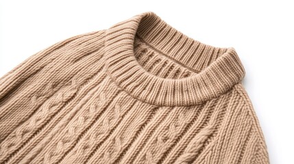 Closeup Of Light Beige Cable Knit Sweater Against White Background