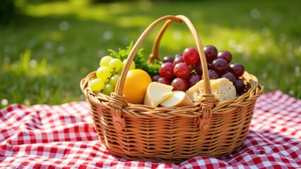 Lush green field cradles a vibrant red-and-white checkered picnic blanket, invitingly spread under clear skies. A charming wicker basket sits nearby, hinting at delicious treats within, completing thi