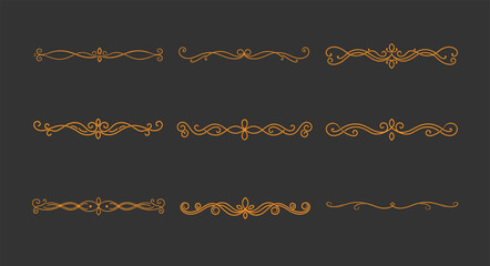 Divider thin line element set. Border underline on text page, book, invitation, wedding card, certificate, menu. Vintage ornament, classic,ornamental filigree separator design