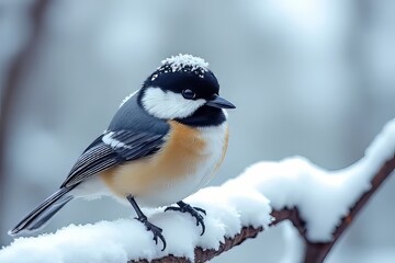 Naklejka premium Adorable Bird Perched on Snowy Branch in Winter Wonderland - Stunning Wildlife Photography