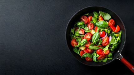 Fresh salad ingredients in pan, dark background, healthy eating recipe