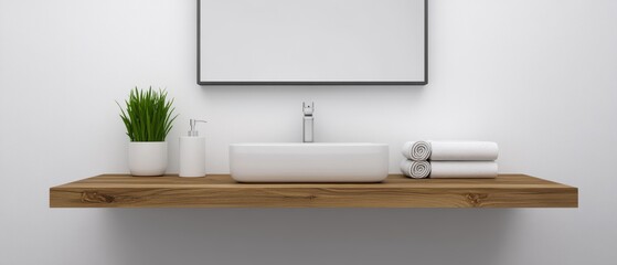 Bathroom interior design featuring a modern sink, wooden countertop, decorative plant, and neatly arranged towels for a minimalist and stylish aesthetic.