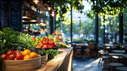 Fototapeta premium Vibrant café scene with fresh fruits, colorful vegetables, and warm lighting atmosphere