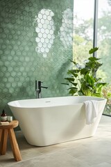 Bathtub in modern bathroom interior design with hexagonal tile wall, green accents, and indoor plants creating a serene and stylish atmosphere.